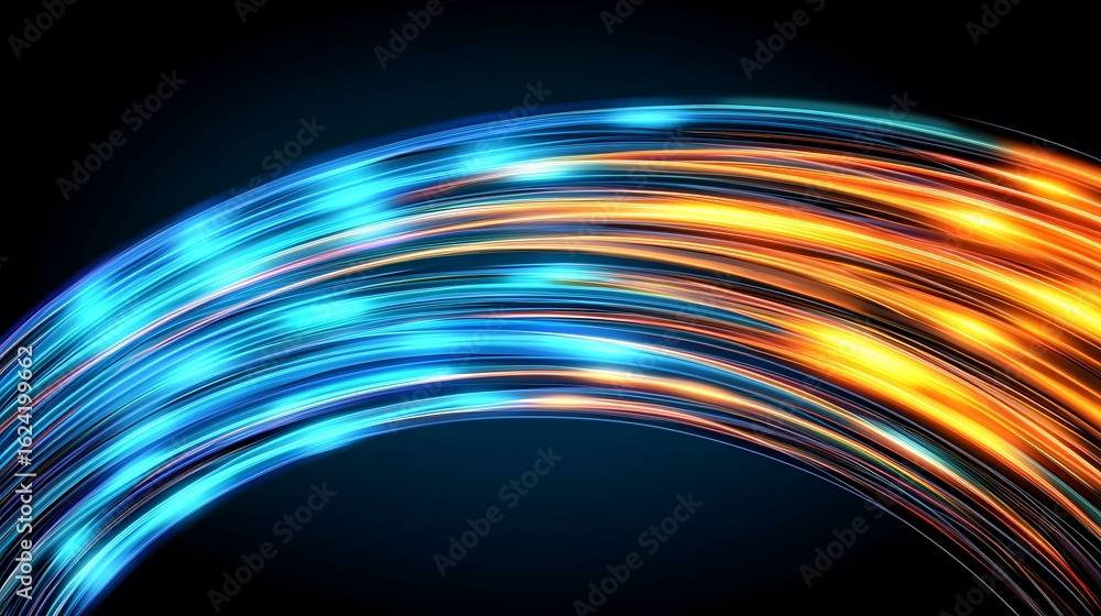 Poster an abstract image features curved, flowing lines transitioning from a cool blue hue to a warm, vibra