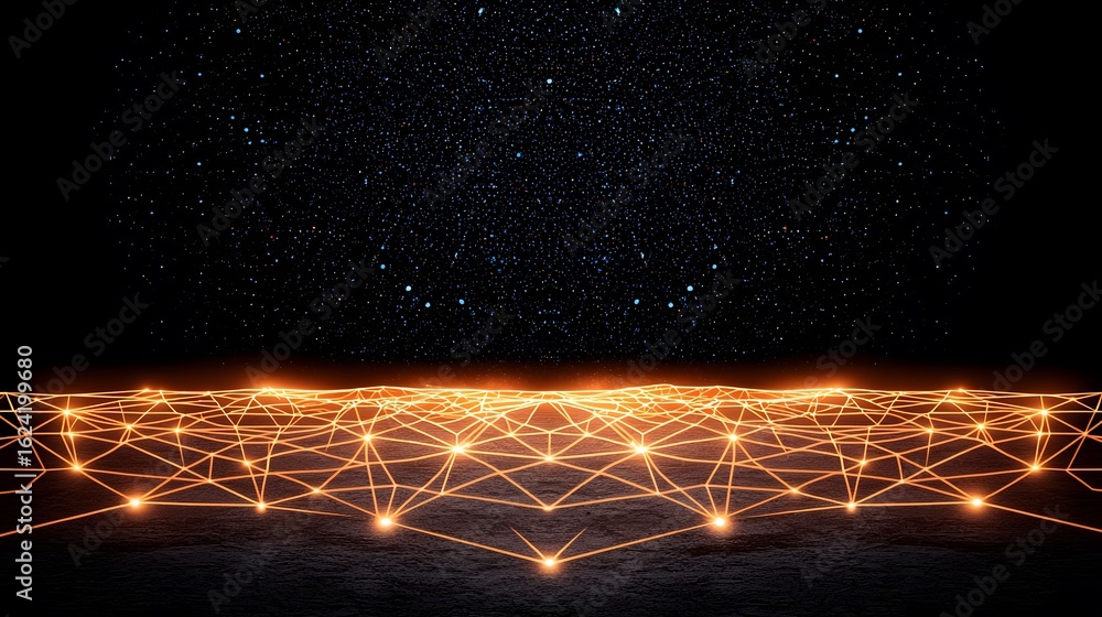 Aufkleber this image shows a glowing orange network grid extending over a dark surface, set against a black ba