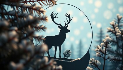Close-up paper cut deer silhouette in snowy pine forest circle on blue snowflake background,  fauna,  greeting card