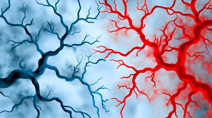 The image features an abstract design with two tree-like structures, one colored in cool blue tones and the other in warm red, set against a textured, light blue background.
