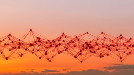 The image showcases a surreal digital network of red nodes and lines against a vivid orange sunset, creating a futuristic and abstract visual experience.