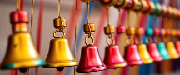 Close-up of colorful chime bells arranged in rainbow spectrum, musical notes displayed, craft, chimes