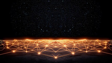 This image shows a glowing orange network grid extending over a dark surface, set against a black backdrop filled with countless stars scattered across the night sky.