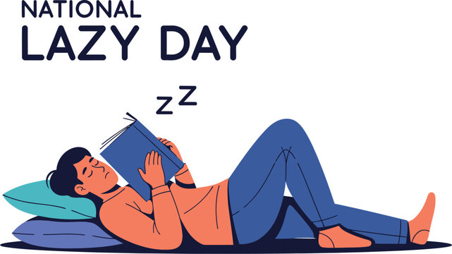 National lazy day illustration of a man lying a bed with a book, perfect for social media posts and greeting cards