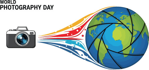 World photography day illustration featuring a camera and a globe, celebrating the art and passion of photography