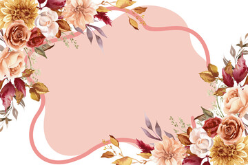 Watercolor illustration of a floral frame with autumn dahlias and roses, providing an elegant border with copy space for text
