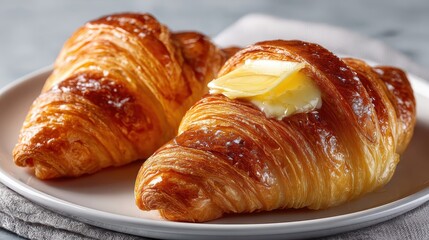 Two golden croissants, one with melting butter, sit on a white plate. Use this for breakfast menus or baking related advertisements.