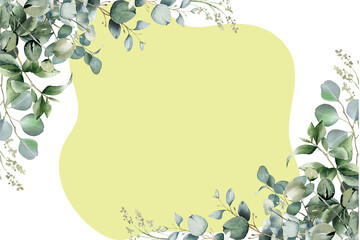 Elegant wedding invitation background with hand-painted watercolor eucalyptus foliage framing an organic pastel yellow shape.