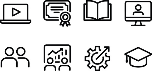 Education Icons Set Laptop, Diploma, Book, Webinar, Team, Data, Gear, Graduation