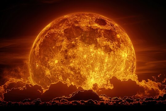 Dramatic orange planet or fiery moon glows above dark clouds creating mystical celestial horizon scene for abstract science fiction