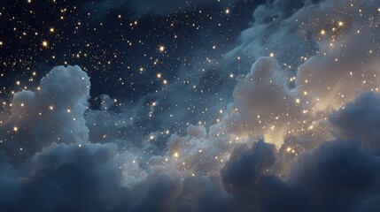Fototapeta premium Fluffy clouds and twinkling stars shine on a dark blue night sky. Perfect for dreamy backgrounds or to add a magical, fantasy effect.