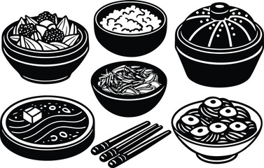 Collection of korean food dishes and chopsticks in a stylized illustration