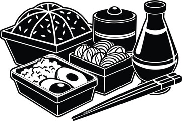Stylized black and white illustration of a bento box meal with chopsticks