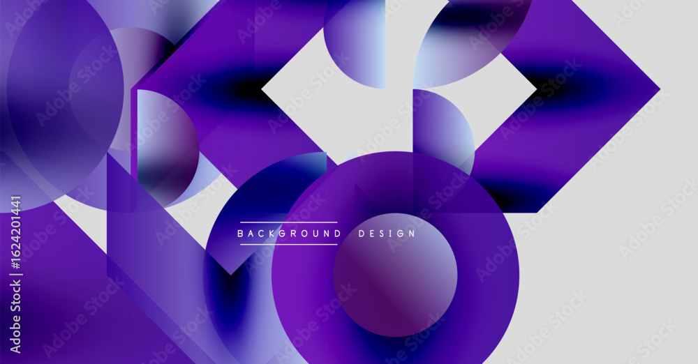 Poster abstract purple design features overlapping circles, squares. gradient shades create dynamic visual 