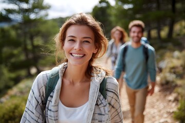 Fototapeta premium Happy hikers trekking on a mountain trail in nature