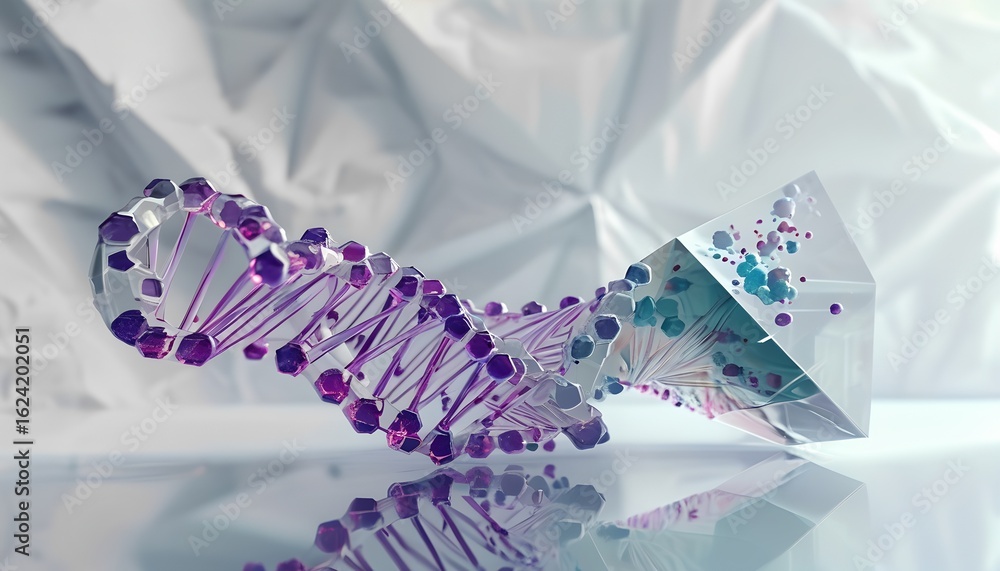 Poster abstract representation of a dna double helix with purple and teal spheres and crystalline structure