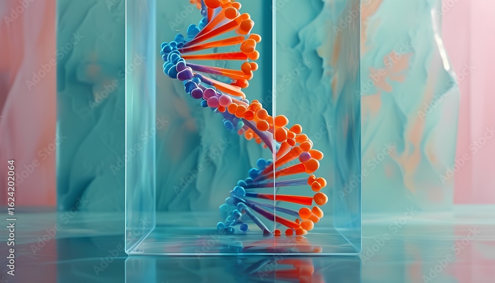 Poster a vibrant abstract representation of a dna double helix structure with orange and blue segments encl