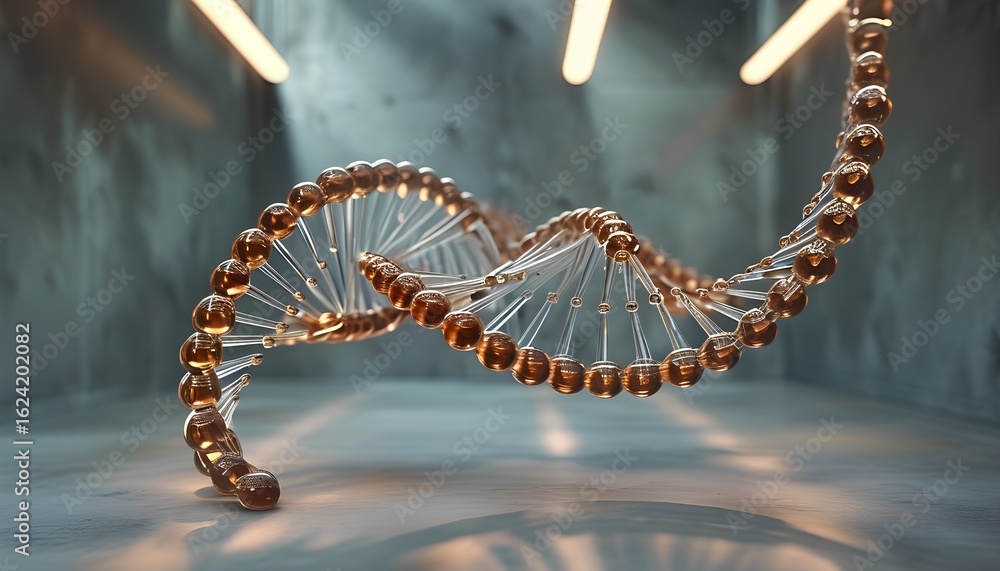 Poster a detailed 3d rendering of a shimmering dna double helix structure with a metallic copper and blue c