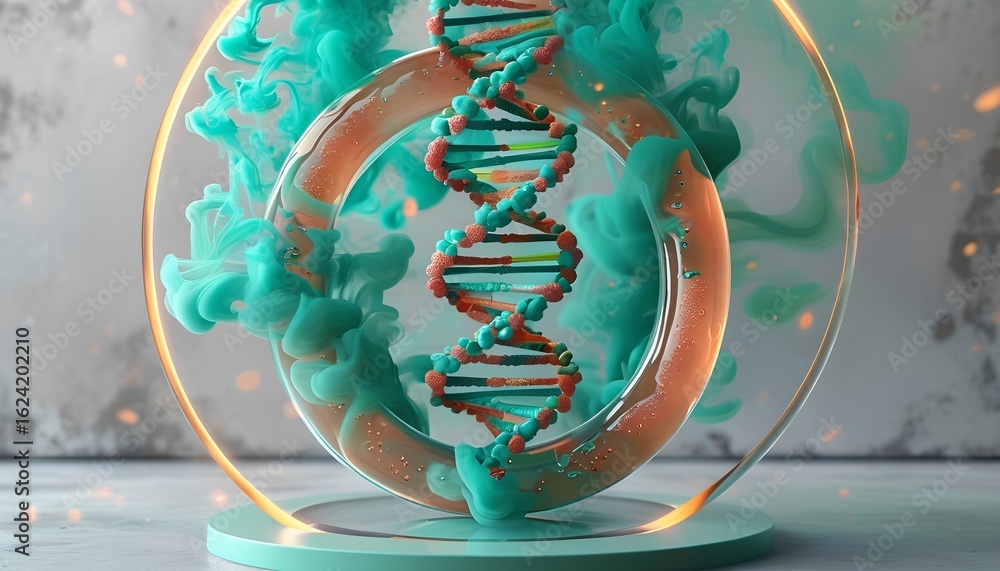 Poster abstract representation of a dna double helix structure with swirling turquoise ink and orange light