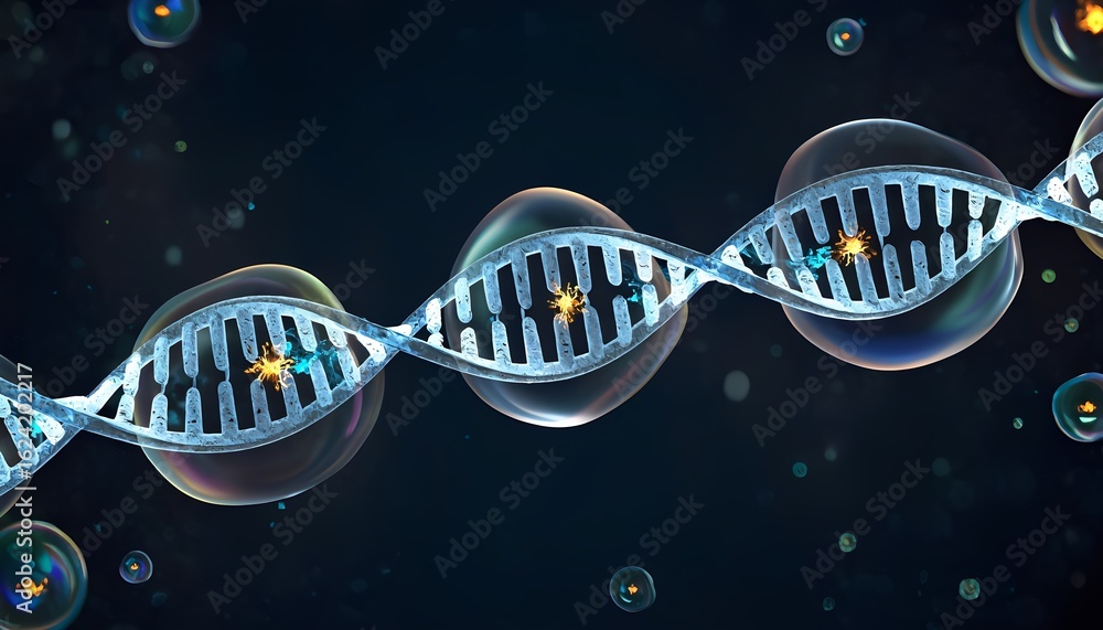 Poster abstract visualization of a glowing blue dna double helix structure with transparent bubbles and par