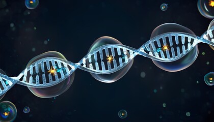 Abstract visualization of a glowing blue dna double helix structure with transparent bubbles and particles against a dark background representing genetics and biotechnology