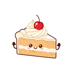 Cute cartoon slice of cake with whipped cream and cherry, displaying a happy expression and flexing its arms.