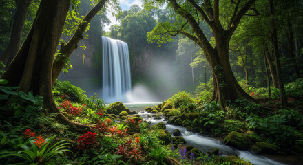 Mystical Jungle Waterfall in Lush Tropical Forest – Serene Nature Scene with Sunlight and Mist