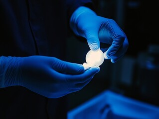 Gloved Hands Hold Glowing Object in Blue Light
