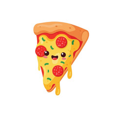 A cartoon illustration of a pizza slice with a happy face, pepperoni, cheese, and green toppings, dripping.