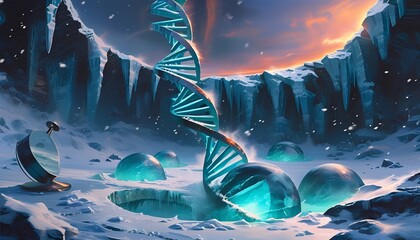 Surreal icy landscape featuring a glowing blue dna helix structure emerging from a frozen pool surrounded by snow covered rocks and distant glowing celestial body