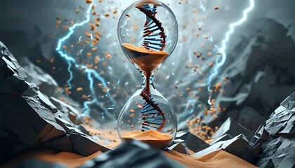A surreal hourglass with a dna helix inside symbolizing genetic time and the forces of nature with lightning striking around it in a dramatic abstract landscape