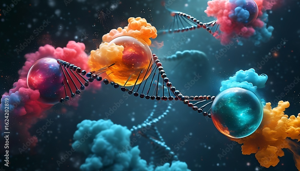 Poster vibrant abstract representation of a dna double helix with colorful cellular structures and glowing 