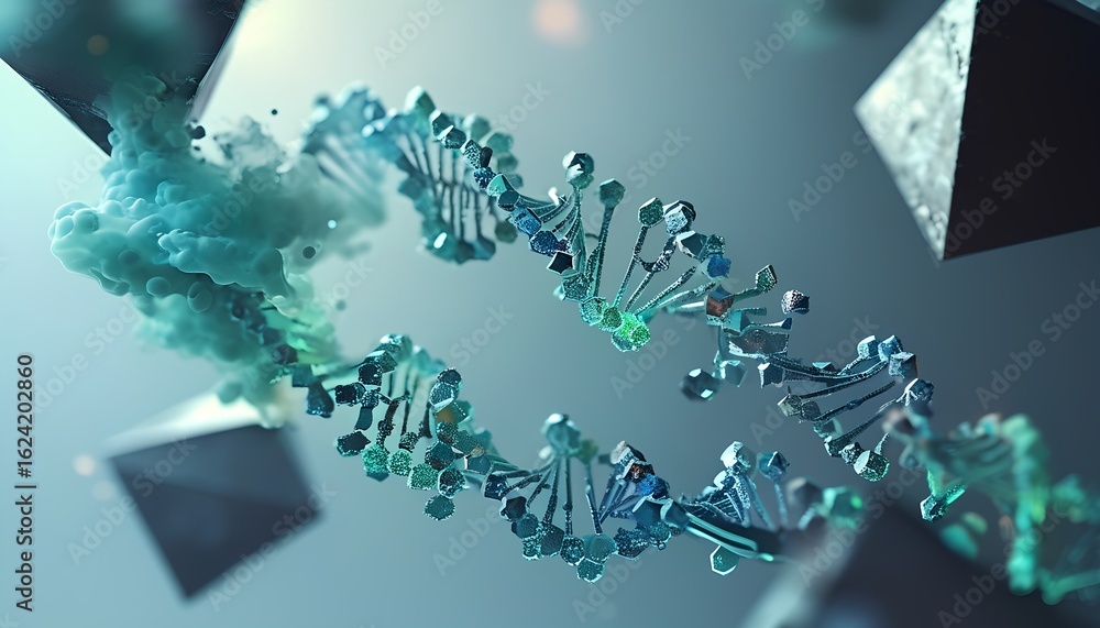 Poster abstract 3d rendering of a vibrant blue and green dna double helix molecule being manipulated by sci