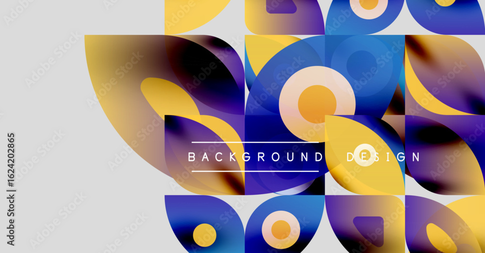 Poster abstract geometric shapes, vibrant colors blend. yellow, blue dominate composition. modern design el