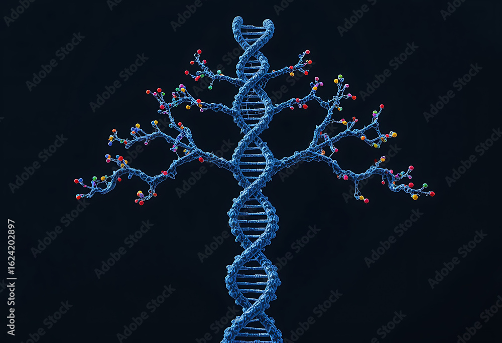 Poster abstract glowing blue dna helix with branching molecular structures resembling a tree against a dark