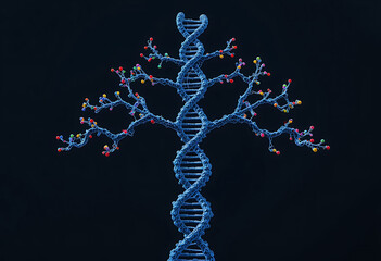 Abstract glowing blue dna helix with branching molecular structures resembling a tree against a dark background symbolizing genetic science and life s code
