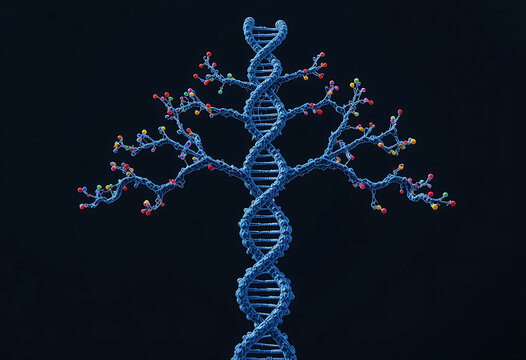 Abstract glowing blue dna helix with branching molecular structures resembling a tree against a dark background symbolizing genetic science and life s code