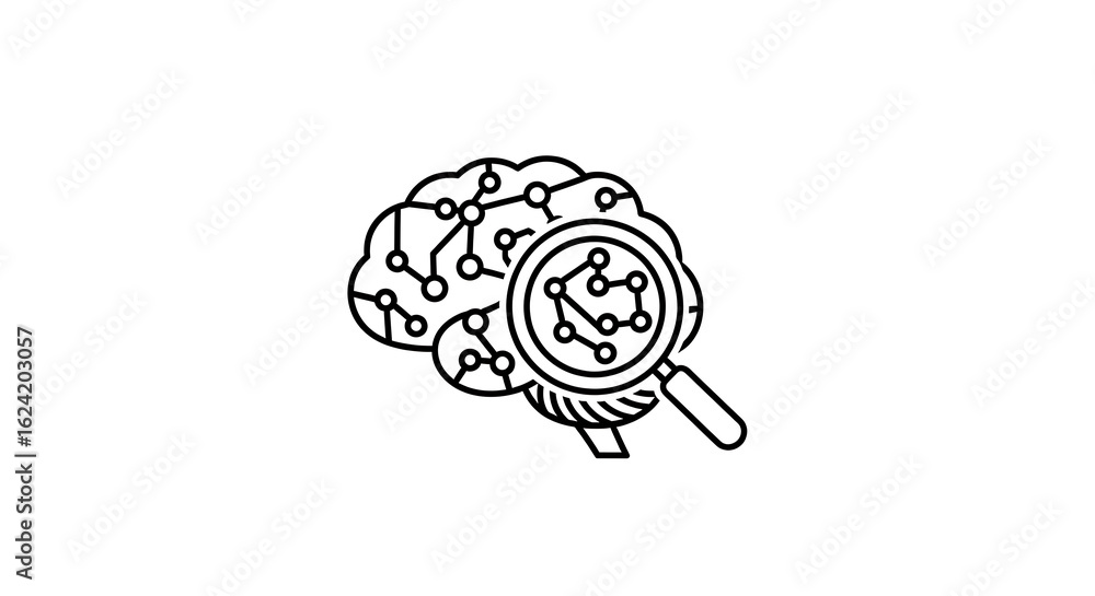 Poster a brain with connected nodes being examined by a magnifying glass in a line art style design