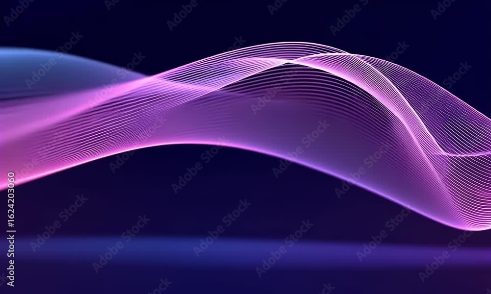 Poster a dark purple background with pink and blue lines of light, creating an abstract wave pattern.