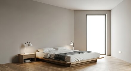 Minimalist bedroom interior with platform bed, natural light, and wooden floor creating a serene