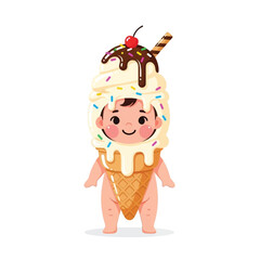 Adorable baby dressed in a whimsical ice cream cone costume.
