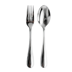 Polished stainless steel fork and spoon, isolated on black.  A pair of simple, elegant eating utensils.  The fork and spoon are a mirror-like, gleaming silver.  They have slightly curved handles