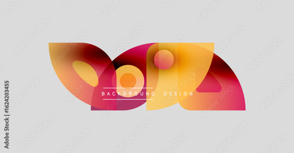 Poster abstract colorful shapes overlap creating dynamic background. soft gradients blend orange, purple, p