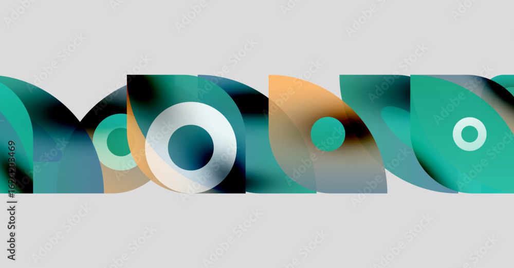 Poster abstract geometric shapes overlap, creating vibrant color gradients. composition features circles, s