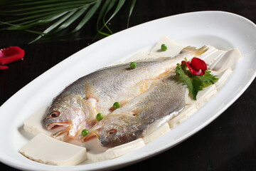 Chinese cuisine, Cantonese cuisine, salted yellow croaker steamed tofu