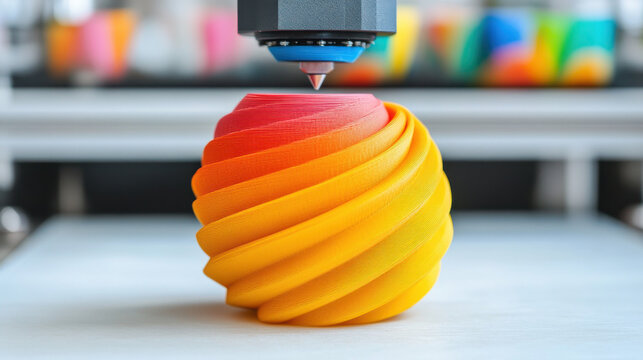 3d printer creating colorful spiral object, technology innovation with vibrant red and yellow filament, modern design