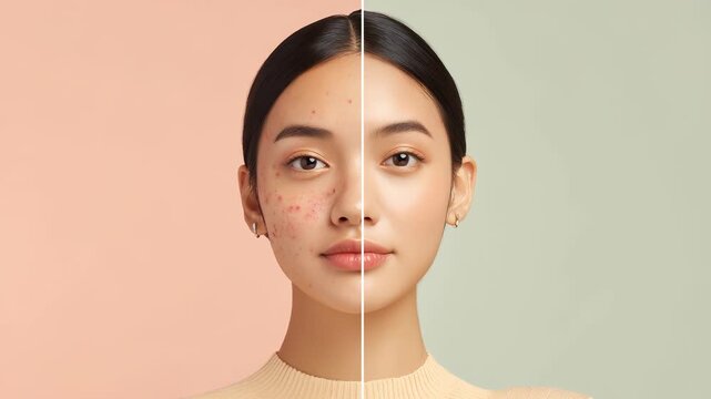 Skin care before and after collage, left side showing acne-prone skin, right side clear glowing skin, soft pastel background	

