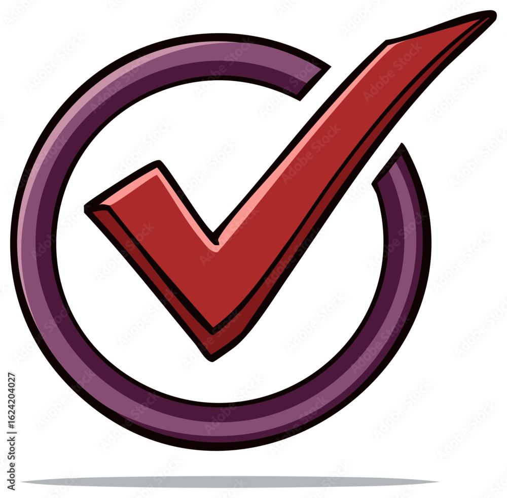 Poster vibrant red checkmark icon inside a purple circle representing approval verification and completion