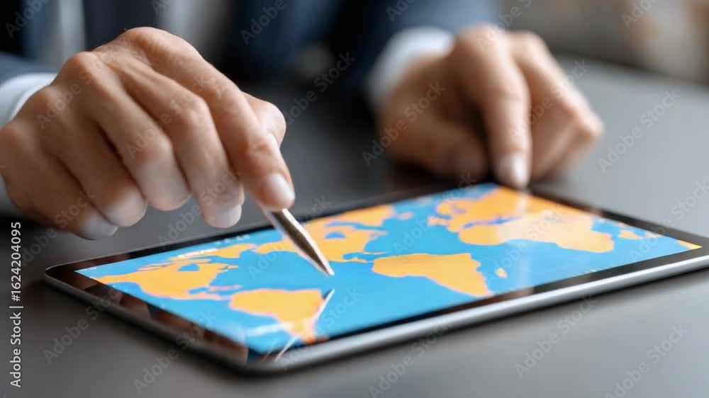 Poster global insight: a person's hands interact with a tablet displaying a vibrant map of the world, signi