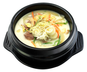 Traditional Korean Beef and Egg Soup in Black Pot